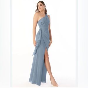 Azazie Dusty Blue Sheath Pleated Ruffle Chiffon Dress